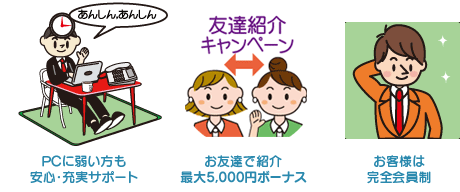 PCに弱い方にも安心・充実サポート お友達で紹介5000円ボーナス お客様は完全会員制
